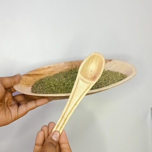 Green Herbs Nutritious Tray with Spoon and Chew Palm Leaf Plate